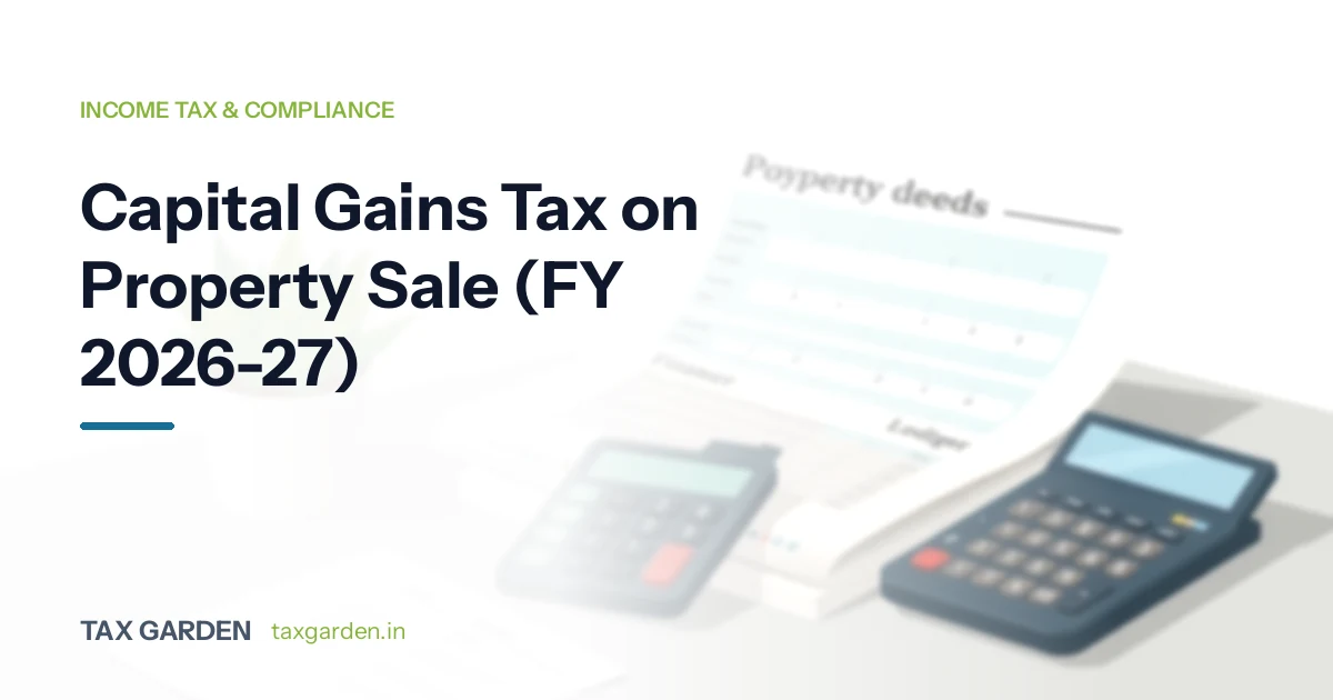 Indian homeowner reviewing property sale documents and capital gains tax calculation with sale deed and calculator on office desk