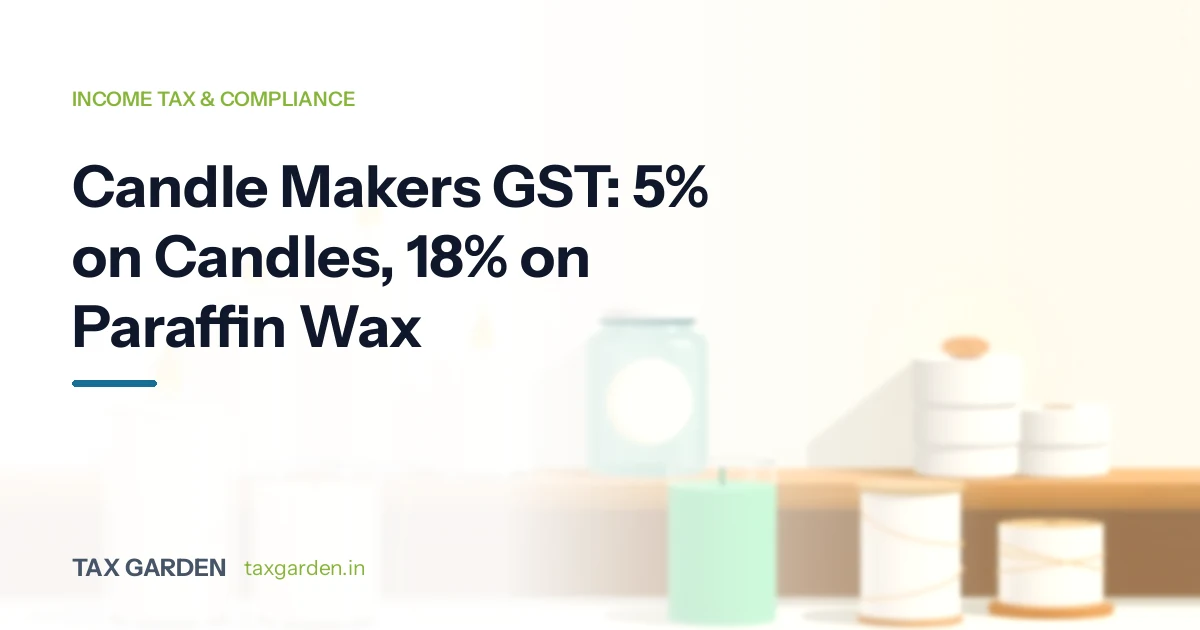 Pillar candles, a glass jar candle and cotton wick spools on a wooden shelf, for a GST and income tax guide for candle makers