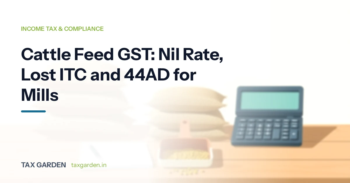 Stacked feed sacks, a scoop of feed pellets and a calculator on a wooden table, for a GST and income tax guide for feed mills