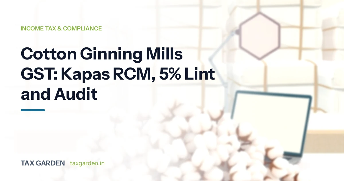 Raw cotton in front of wrapped cotton bales and a laptop, for a guide to GST reverse charge and tax audit for ginning mills