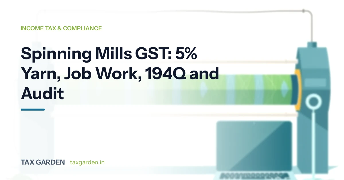 Stylised yarn spinning machine beside a laptop, for a guide to GST and income tax for cotton spinning mills