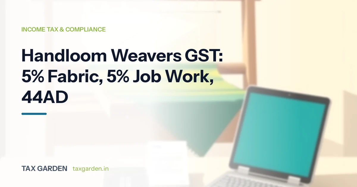 A wooden loom frame with green woven cloth beside a laptop, for a GST and income tax guide for handloom weavers
