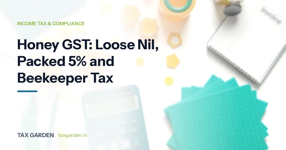 Honeycomb shapes, jars, a calculator and an invoice book on a desk, for a guide to GST and income tax for beekeepers
