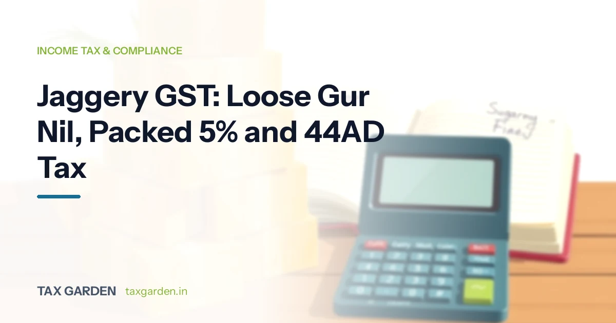 Cane jaggery blocks beside a ledger and calculator, for a guide to GST rates and income tax for gur and khandsari units