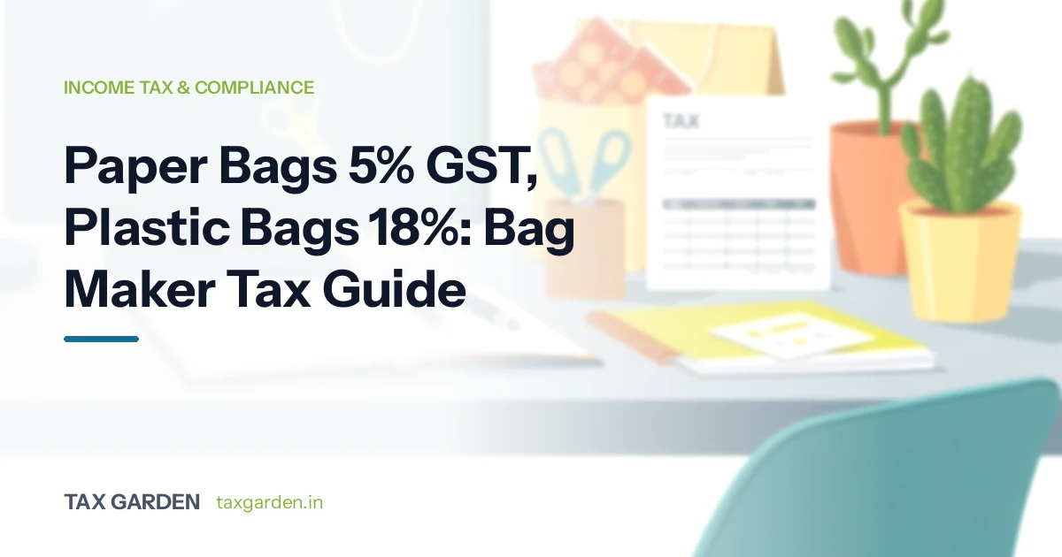 Title card over faint kraft paper bags, for a GST and income tax guide for paper and plastic bag manufacturers