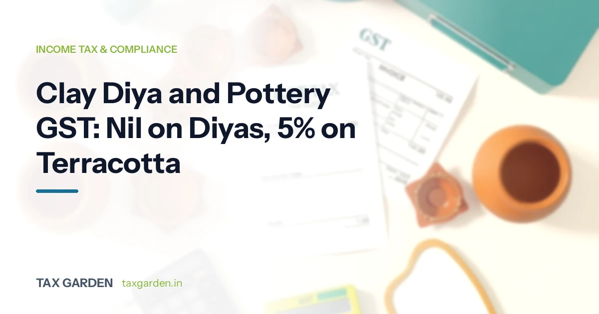 A terracotta pot, a small clay diya, a GST invoice and a calculator on a desk, for a GST and income tax guide for potters