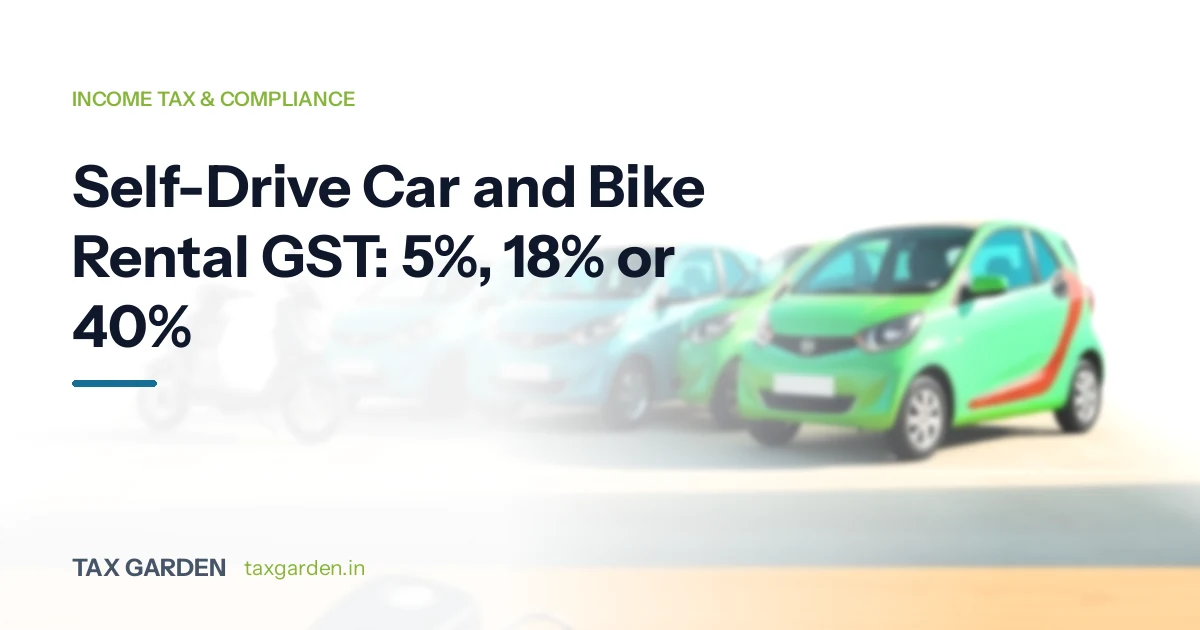 Small rental hatchbacks parked in a sunny lot with a scooter behind them, for a self-drive rental GST guide