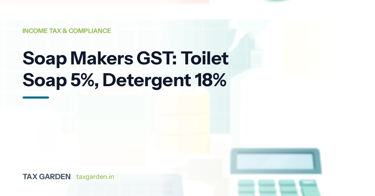 Stacked handmade soap bars, a cleaning bottle and a calculator on a workbench, for a GST and income tax guide for soap makers