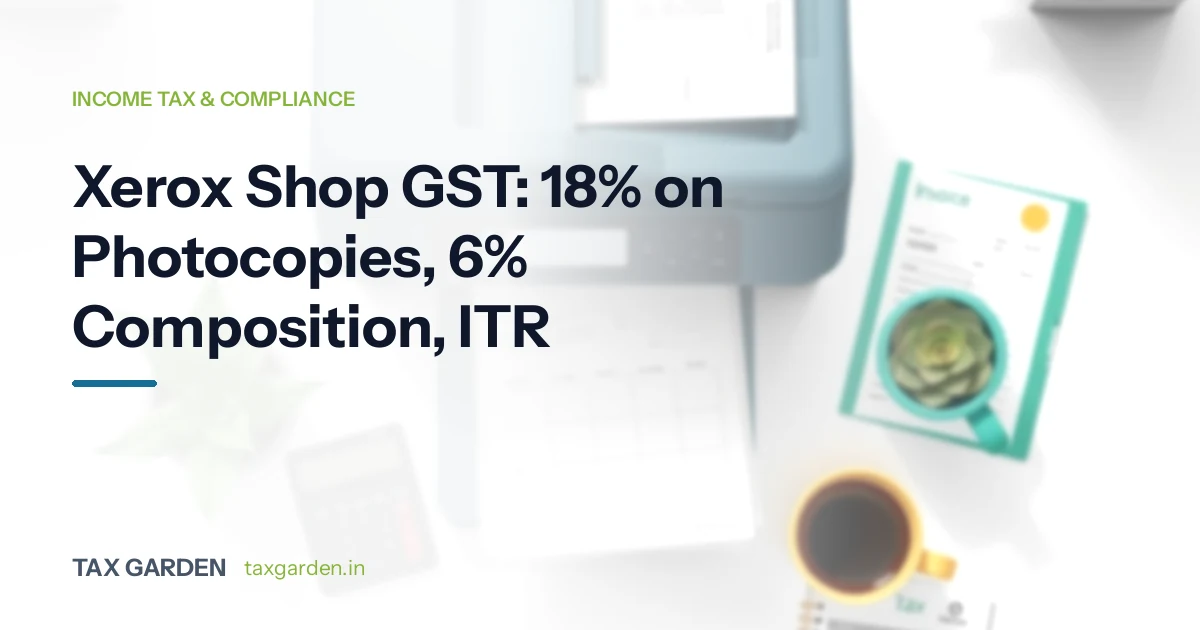 Photocopier with invoices and a calculator on a shop desk, for a guide to GST and income tax for xerox and DTP shops