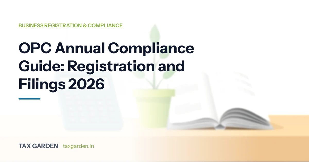 One person company annual compliance guide for 2026 covering registration and ROC filings, with a book on a desk