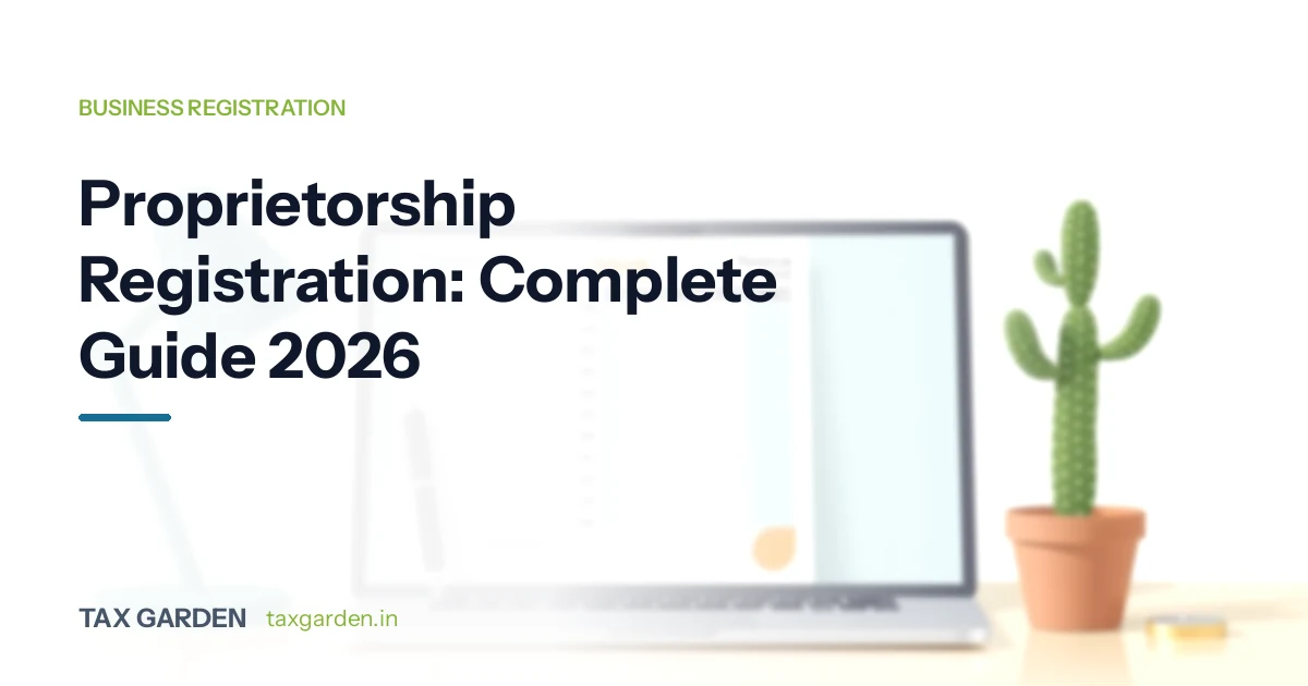 Proprietorship registration complete guide card over a desk with an open laptop and a potted cactus